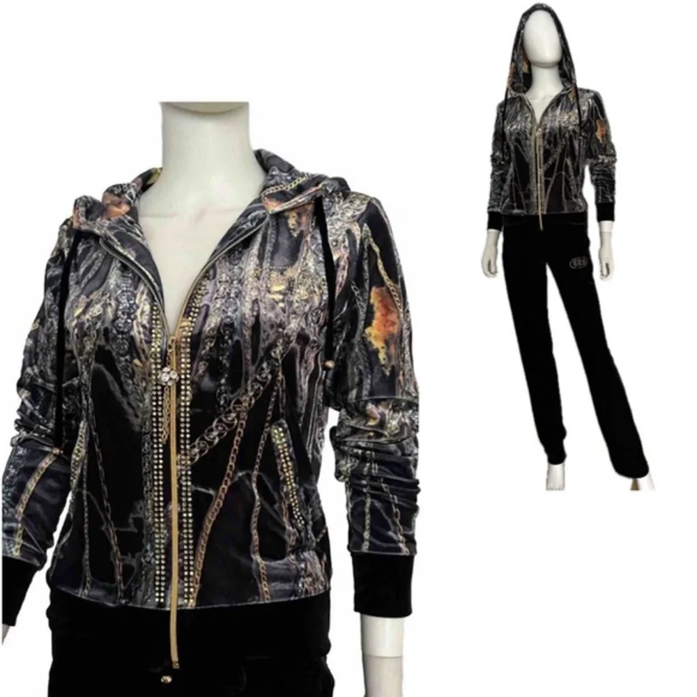 NWT WOMEN VELOUR TRACKSUIT 2 PC SET JACKET/BLACK‎ PANTS HOODED ZIPPED LOUNGEWEAR